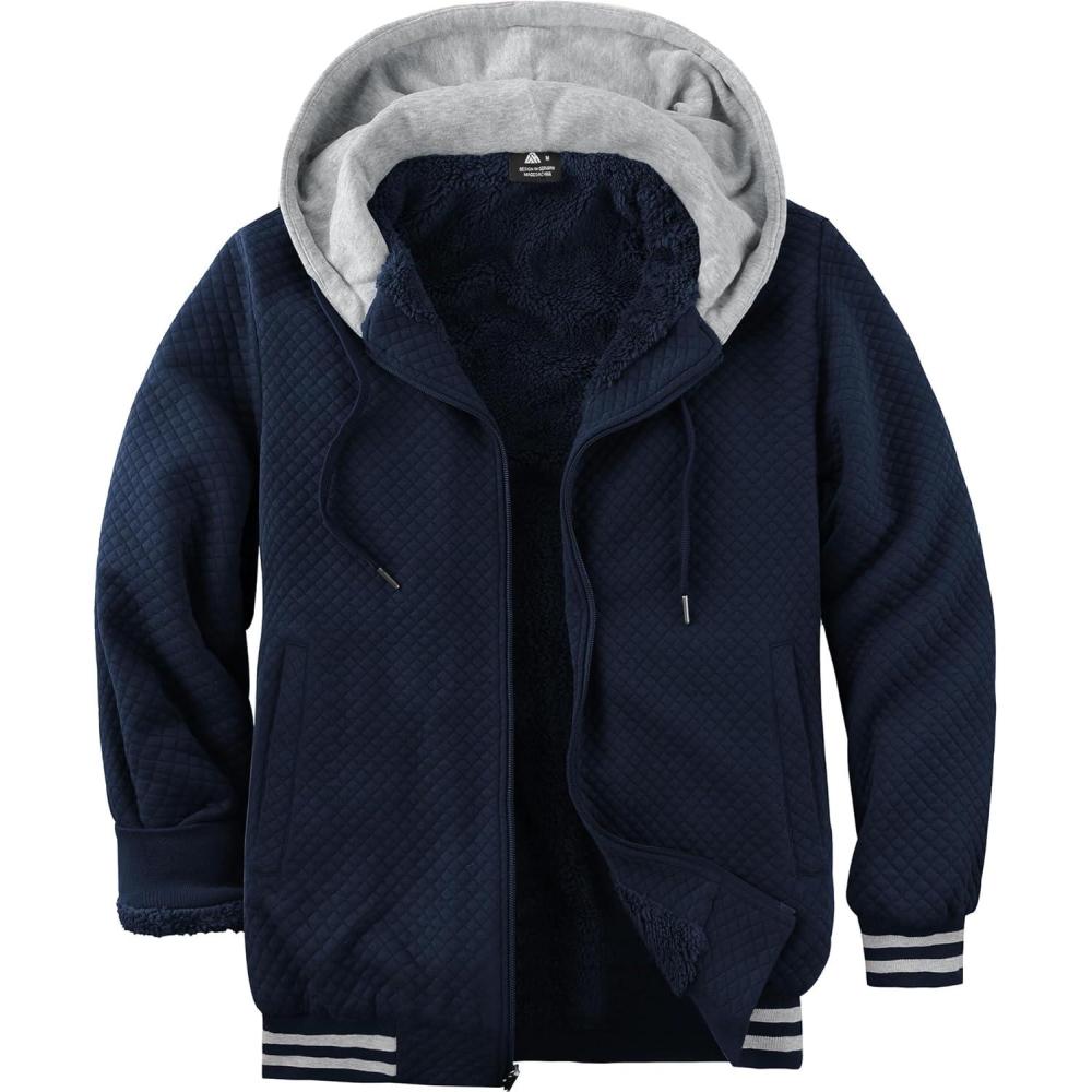 imageZITY Mens Zip Up Hoodie Sherpa Lined Heavyweight Jacket Waffle Knit Fleece Thick Winter Warm SweatshirtNavy Blue
