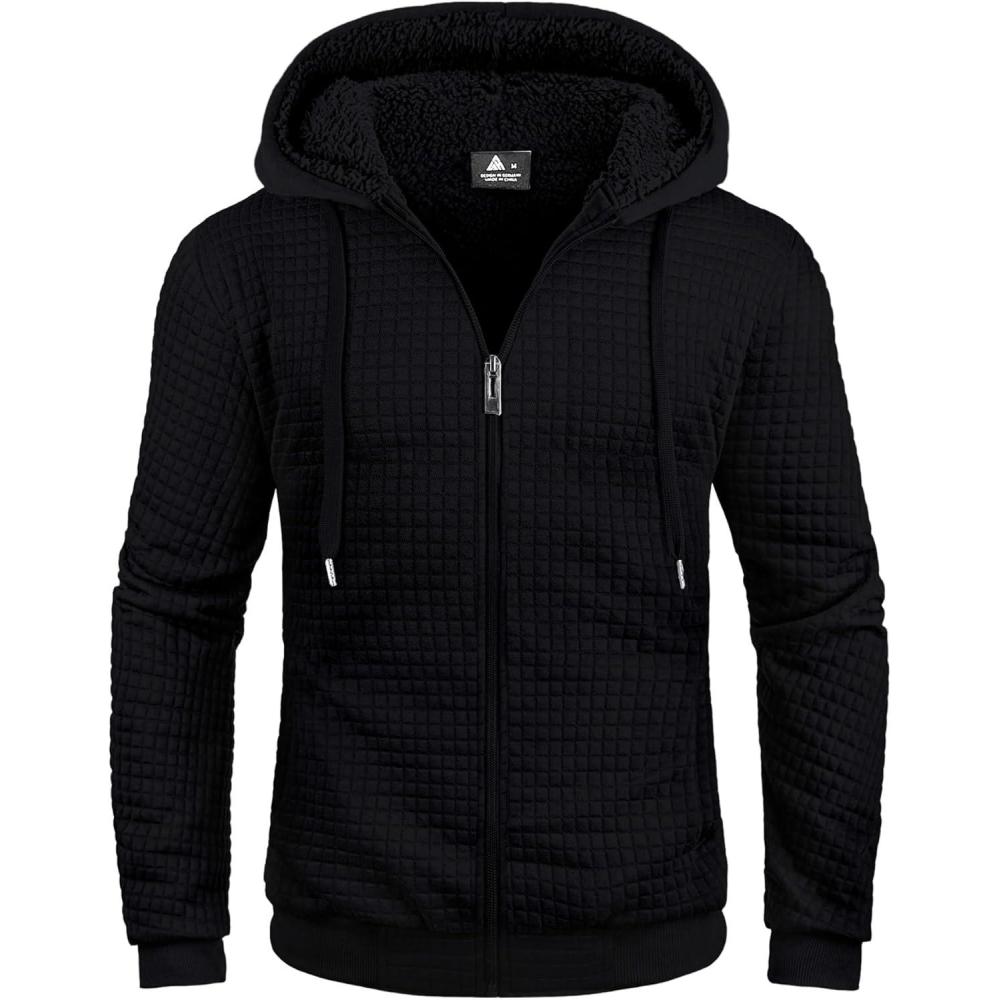imageZITY Mens Zip Up Hoodie Sherpa Lined Heavyweight Jacket Waffle Knit Fleece Thick Winter Warm SweatshirtPlaid Black