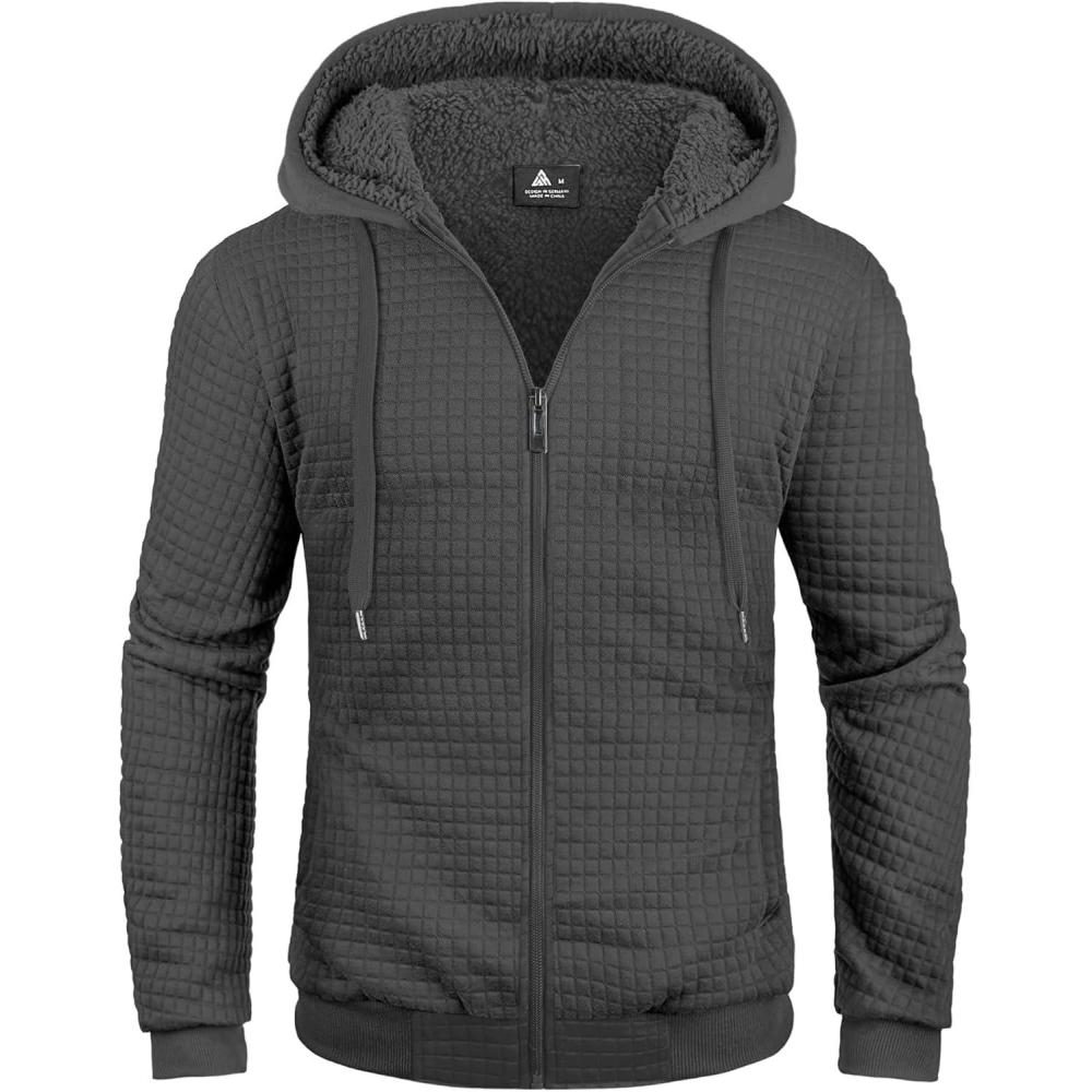 imageZITY Mens Zip Up Hoodie Sherpa Lined Heavyweight Jacket Waffle Knit Fleece Thick Winter Warm SweatshirtPlaid Dark Grey