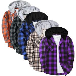 ZITY 5 Pack Men’s Flannel Hoodie Shirts Button Down Long Sleeve Casual Stylish Plaid Hooded Shirt with Pocket(Black Blue + Black Purple + Dark Blue White + Dark Gray + Orange)