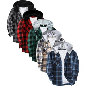 ZITY 5 Pack Men’s Flannel Hoodie Shirts Button Down Long Sleeve Casual Stylish Plaid Hooded Shirt with Pocket(Black Gray + Green + Dark Blue Beige + Navy Blue + Black Red)