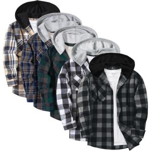 ZITY 5 Pack Men’s Flannel Hoodie Shirts Button Down Long Sleeve Casual Stylish Plaid Hooded Shirt with Pocket(Black Gray + Green Gray + Navy Yellow + Dark Blue Beige + White Black)