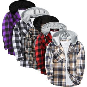 ZITY 5 Pack Men’s Flannel Hoodie Shirts Button Down Long Sleeve Casual Stylish Plaid Hooded Shirt with Pocket(Black Purple + Dark Blue Brown + Dark Blue Beige + Red + White Black)