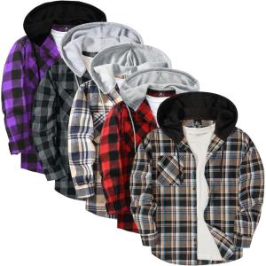 ZITY 5 Pack Men’s Flannel Hoodie Shirts Button Down Long Sleeve Casual Stylish Plaid Hooded Shirt with Pocket(Black Purple + Dark Gray + Dark Blue Beige + Dark Blue Brown + Red)