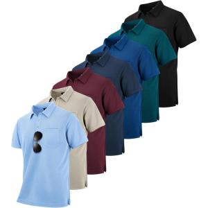 ZITY 7 Pack Mens Polo Shirts with Pocket Moisture Wicking Short Sleeve Outdoor Golf Athletic Work Multipack Shirts(Black+apricot+wine Red+navy+light Blue+royal Blue+dark Teal Blue)