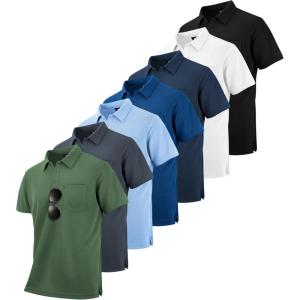 ZITY 7 Pack Mens Polo Shirts with Pocket Moisture Wicking Short Sleeve Outdoor Golf Athletic Work Multipack Shirts(Black+grey+army Green+navy+light Blue+royal Blue+white)
