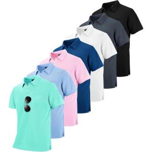 ZITY 7 Pack Mens Polo Shirts with Pocket Moisture Wicking Short Sleeve Outdoor Golf Athletic Work Multipack Shirts(Black+grey+pink+light Blue+royal Blue+emerald Blue+white)