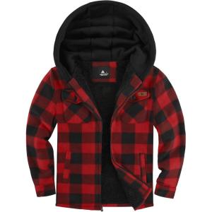 ZITY Boys Flannel Jacket Sherpa Lined Hoodies Zip Up Fleece Plaid Shirt Unisex Winter Coat Kids Outerwear 6-15 Years(Black Red)