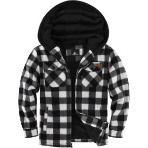 ZITY Boys Flannel Jacket Sherpa Lined Hoodies Zip Up Fleece Plaid Shirt Unisex Winter Coat Kids Outerwear 6-15 Years(Black White)