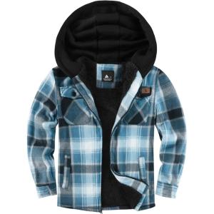 ZITY Boys Flannel Jacket Sherpa Lined Hoodies Zip Up Fleece Plaid Shirt Unisex Winter Coat Kids Outerwear 6-15 Years(Blue White)