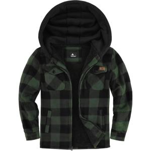 ZITY Boys Flannel Jacket Sherpa Lined Hoodies Zip Up Fleece Plaid Shirt Unisex Winter Coat Kids Outerwear 6-15 Years(Dark Green)