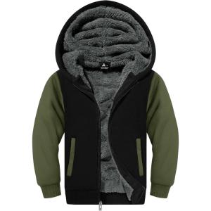 ZITY Boys Zip Up Hoodie Fleece Jacket Kids Sherpa Lined Sweatshirts Outerwear Unisex Warm Winter Coat 6-15 Years Old(Army Green)