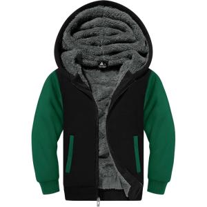 ZITY Boys Zip Up Hoodie Fleece Jacket Kids Sherpa Lined Sweatshirts Outerwear Unisex Warm Winter Coat 6-15 Years Old(Black Green)
