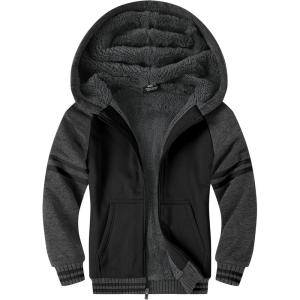 ZITY Boys Zip Up Hoodie Fleece Jacket Kids Sherpa Lined Sweatshirts Outerwear Unisex Warm Winter Coat 6-15 Years Old(Dark Grey Black)