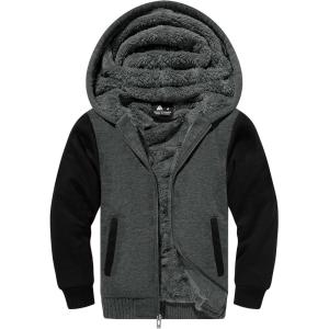 ZITY Boys Zip Up Hoodie Fleece Jacket Kids Sherpa Lined Sweatshirts Outerwear Unisex Warm Winter Coat 6-15 Years Old(Grey Black)