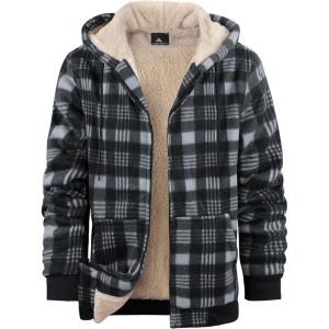 ZITY Heavy Thick Hoodies for Men Plaid Flannel Warm Sherpa Fleece Lined Winter Full Zip Up Coat(Black Gray)