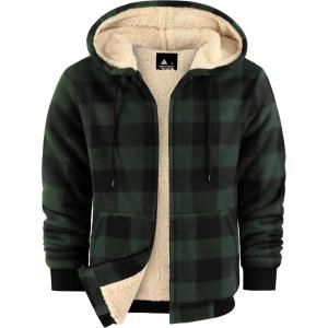 ZITY Heavy Thick Hoodies for Men Plaid Flannel Warm Sherpa Fleece Lined Winter Full Zip Up Coat(Dark Green)