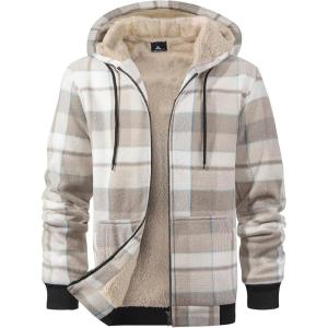 ZITY Heavy Thick Hoodies for Men Plaid Flannel Warm Sherpa Fleece Lined Winter Full Zip Up Coat(Light Gray White)