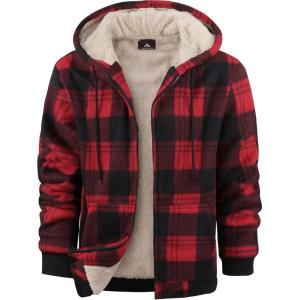 ZITY Heavy Thick Hoodies for Men Plaid Flannel Warm Sherpa Fleece Lined Winter Full Zip Up Coat(Red)
