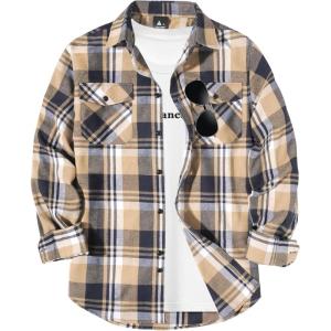 ZITY Men Plaid Flannel Shirts Long Sleeve Casual Button Down Collar Jackets for Men with Pockets(One Beige)