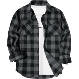 ZITY Men Plaid Flannel Shirts Long Sleeve Casual Button Down Collar Jackets for Men with Pockets(One Dark Grey)