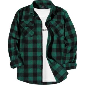 ZITY Men Plaid Flannel Shirts Long Sleeve Casual Button Down Collar Jackets for Men with Pockets(One Green)