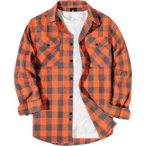 ZITY Men Plaid Flannel Shirts Long Sleeve Casual Button Down Collar Jackets for Men with Pockets(One Orange)