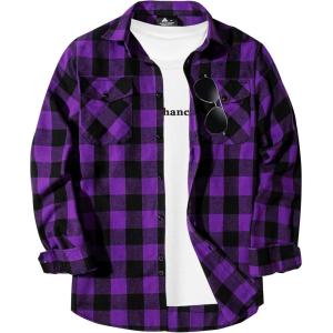 ZITY Men Plaid Flannel Shirts Long Sleeve Casual Button Down Collar Jackets for Men with Pockets(One Purple)