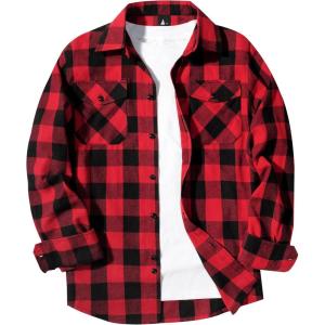 ZITY Men Plaid Flannel Shirts Long Sleeve Casual Button Down Collar Jackets for Men with Pockets(One Red)