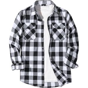 ZITY Men Plaid Flannel Shirts Long Sleeve Casual Button Down Collar Jackets for Men with Pockets(One Whiteblack)