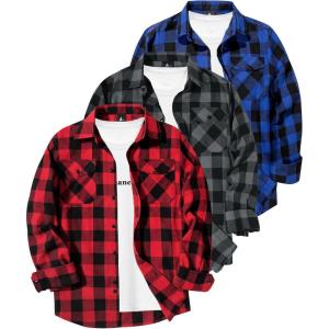 ZITY Men Plaid Flannel Shirts Long Sleeve Casual Button Down Collar Jackets for Men with Pockets(Three Blue Grey Red)