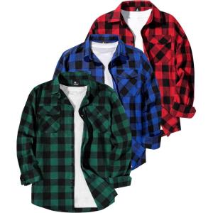 ZITY Men Plaid Flannel Shirts Long Sleeve Casual Button Down Collar Jackets for Men with Pockets(Three Green Red Blue)