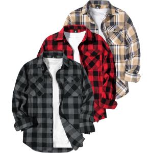 ZITY Men Plaid Flannel Shirts Long Sleeve Casual Button Down Collar Jackets for Men with Pockets(Three Grey Red Beige)