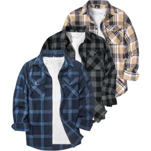 ZITY Men Plaid Flannel Shirts Long Sleeve Casual Button Down Collar Jackets for Men with Pockets(Three Navy Grey Beige)