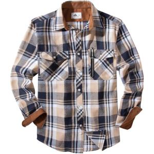 ZITY Men Plaid Flannel Shirts Long Sleeve Casual Button Down Collar Jackets for Men with Pockets(Y One Navybeige)