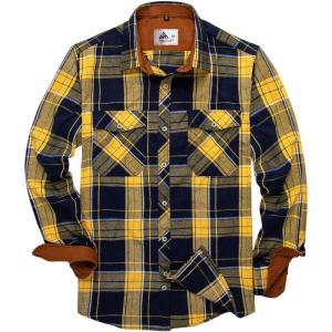 ZITY Men Plaid Flannel Shirts Long Sleeve Casual Button Down Collar Jackets for Men with Pockets(Y One Yellonavy)