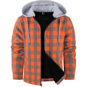 ZITY Men’s Flannel Fleece Hoodie Plaid Sherpa Lined Jackets Zip Up With Pocket(B Orange)