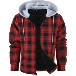 ZITY Men’s Flannel Fleece Hoodie Plaid Sherpa Lined Jackets Zip Up With Pocket(B Red)