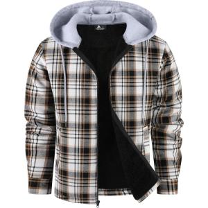 ZITY Men’s Flannel Fleece Hoodie Plaid Sherpa Lined Jackets Zip Up With Pocket(C Brown)