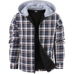 ZITY Men’s Flannel Fleece Hoodie Plaid Sherpa Lined Jackets Zip Up With Pocket(C Navy)