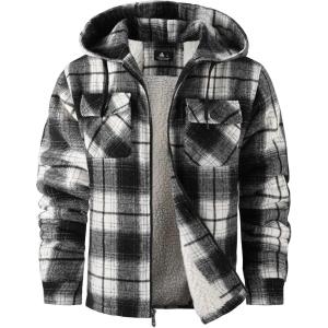 ZITY Men’s Flannel Hooded Jacket Fleece Sherpa Lined Plaid Shirts Jackets Zip Up Sweatshirt Hoodies for Men with 4 Pockets(Black)