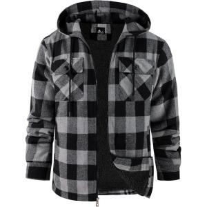 ZITY Men’s Flannel Hooded Jacket Fleece Sherpa Lined Plaid Shirts Jackets Zip Up Sweatshirt Hoodies for Men with 4 Pockets(Black Dark Grey)