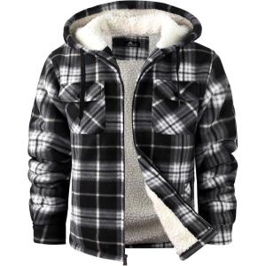 ZITY Men’s Flannel Hooded Jacket Fleece Sherpa Lined Plaid Shirts Jackets Zip Up Sweatshirt Hoodies for Men with 4 Pockets(Black White)
