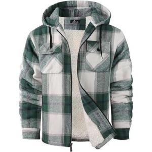 ZITY Men’s Flannel Hooded Jacket Fleece Sherpa Lined Plaid Shirts Jackets Zip Up Sweatshirt Hoodies for Men with 4 Pockets(Green White)