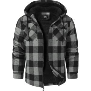 ZITY Men’s Flannel Hooded Jacket Fleece Sherpa Lined Plaid Shirts Jackets Zip Up Sweatshirt Hoodies for Men with 4 Pockets(Grey)