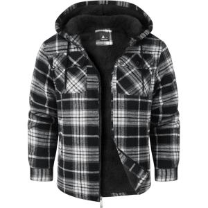 ZITY Men’s Flannel Hooded Jacket Fleece Sherpa Lined Plaid Shirts Jackets Zip Up Sweatshirt Hoodies for Men with 4 Pockets(Grey White Black)