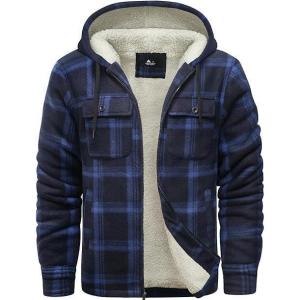 ZITY Men’s Flannel Hooded Jacket Fleece Sherpa Lined Plaid Shirts Jackets Zip Up Sweatshirt Hoodies for Men with 4 Pockets(Navy)