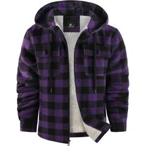 ZITY Men’s Flannel Hooded Jacket Fleece Sherpa Lined Plaid Shirts Jackets Zip Up Sweatshirt Hoodies for Men with 4 Pockets(Purple)