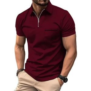 ZITY Mens Polo Shirts Quarter Zip Shirts Casual Classic Lightweight Short Sleeve Golf Collared Shirt with Pocket(Burgundy)