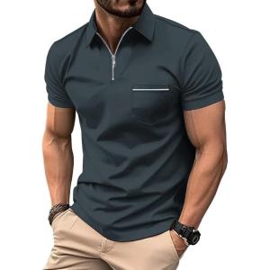 ZITY Mens Polo Shirts Quarter Zip Shirts Casual Classic Lightweight Short Sleeve Golf Collared Shirt with Pocket(Dark Grey)